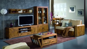 combinación muebles madera rústica para salón