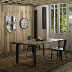 mesa y sillas de madera y hierro color café